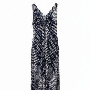 R&M Richards Navy and White Knot-Front Printed Maxi Dress